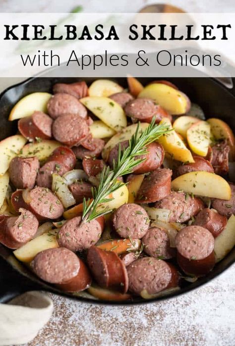 When the weather begins to turn and one-skillet meals are back on the menu, I absolutely recommend my Kielbasa Skillet recipe! If you are looking for a recipe that is flavorful, quick to make, and totally customizable, this is the perfect one.  This one-pan kielbasa dinner with apples and onions is packed with savory goodness, natural ingredients, and only 20 minutes total! via @artfrommytable Kielbasa Dinner, Kielbasa Skillet, Apples And Onions, Balsamic Vinaigrette Recipe, Kielbasa Recipes, Kielbasa Sausage, Apple Sausage, One Skillet Meals, Frittata Recipes