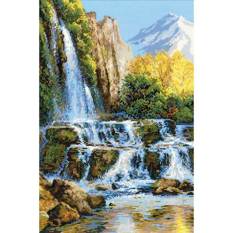 Waterfall Landscape, Cross Stitch Landscape, Nice Picture, Beautiful Cross Stitch, Cross Stitch Rose, Counted Cross Stitch Kits, Watercolor Rose, Nature Themed, Stitching Art