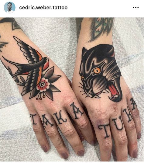 Panther Hand Tattoo, Hand Tattoo Traditional, Swallow Hand Tattoo, Traditional Swallow Tattoo, Traditional Back Tattoo, Hand Tattoos For Men, Mother Tattoos For Children, Traditional Tattoo Flowers, Tattoo Shading