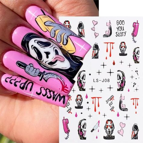 Halloween Stickers for Nails, 8 Sheets Halloween Nail Art Stickers Self Adhesive Nail Decals 3D Halloween Nail Art Supplies Ghost Face Skull Zombie Clown Pumpkin Nail Stickers for Women Nail Decor Cartoon Nails Art, Pink Scream Nails, Scream Nail Art, Ghost Face Nails, Ghostface Nails, Scream Nails, Horror Nails, Halloween Nails Diy, Gucci Nails