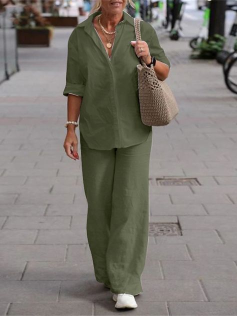 Shirt Collar Styles, Wide Leg Pant Suit, Stylish Summer Outfits, Wide Trousers, Casual Long Sleeve Shirts, Maxi Robes, Summer Set, Loose Outfit, Linen Set