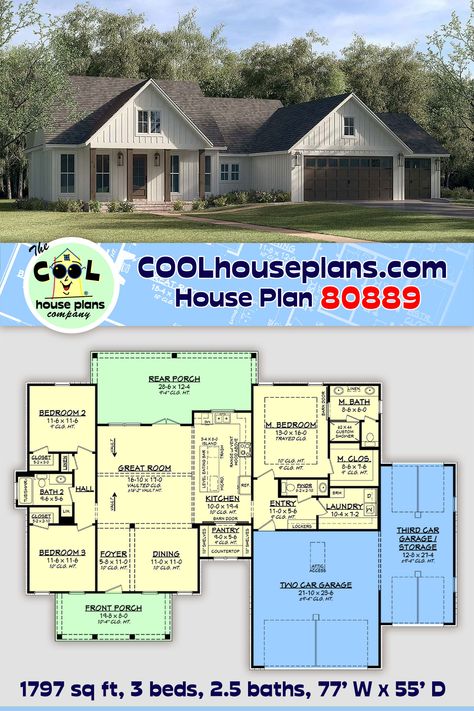 Traditional Style House Plan 80889 with 3 Bed, 3 Bath, 3 Car Garage Three Car Garage House Plans, 3 Car Garage House Plans, Three Car Garage Plans, 3 Car Garage Plans, Three Bedroom House Plan, Three Car Garage, Three Bedroom House, Garage House Plans, Garage Plan