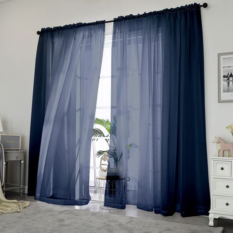 PRICES MAY VARY. 100% Polyester HIGH TWIST YARNS and ADVANCED DYEING TECHNOLOGY: OWENIE sheer curtains are made by premium polyester fabric, high twist 1050T yarns to passing OEKO-Tex Standard 100 certification, which is super soft and elegant, bringing a lightweight and finished look to your rooms. By advanced dyeing technology, and meet 40 hours-12 grades colour fastness washing / lighting test according to US AATCC TM requirement, not easy fade, safer and healthier. EASY to INSTALL & DECORATE Gray Sheer Curtains, Navy Curtains, Navy Blue Curtains, Curtains Sheer, Blue Drapes, Drapes For Living Room, Decorative Curtains, White Sheer Curtains, Voile Curtains