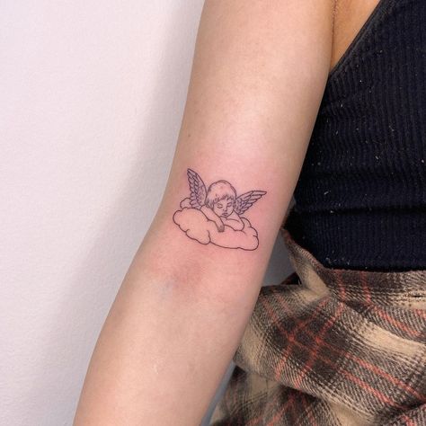 Polly on Instagram: “little cherub ☁️☁️☁️” Cherub Tattoo, Traditional Sleeve, March 5, Tattoo Inspo, Infinity Tattoo, Red Heart, Women's Style, Tatting, Tattoo Ideas