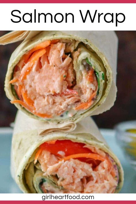 If you're looking for a delicious and easy lunch idea, try this salmon wrap! Made with fresh salmon, veggies and a creamy honey mustard yogurt sauce, it's super satisfying! #salmonwrap #easywraprecipe #freshsalmonwrap #salmonwraprecipe #lunchidea #easylunchidea #lunchrecipe Salmon Wrap Recipes Healthy, Wrap Sauce Recipe, Salmon Wrap Recipes, Wrap Recipes For Lunch, Salmon Wraps, Salmon Pinwheels, Salmon Veggies, Pescetarian Diet, Creamy Honey Mustard