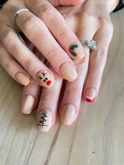 A Christmas tree, Santa hat, reindeer and mistletoe on a nude base of acrylic rounded square or squoval nails. Tree Santa, Squoval Nails, Christmas Nails Acrylic, Rounded Square, Nails Done, Christmas Nail Designs, Christmas Nail, Acrylic Nail Designs, Ring Finger