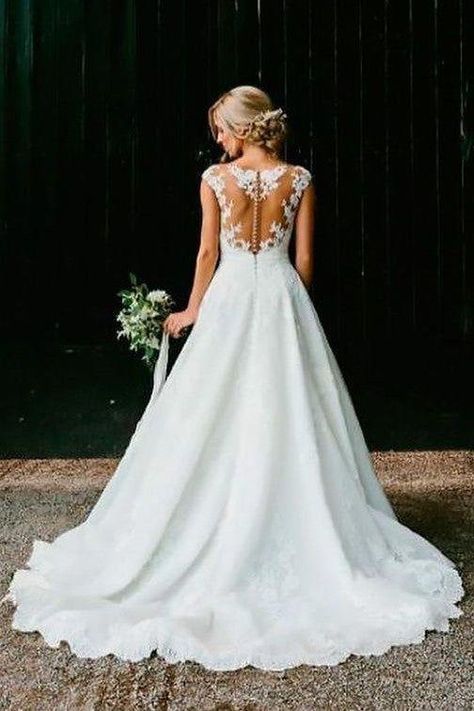 Illusion Neckline Wedding Dress, Sweep Train Wedding Dress, Short Sleeve Wedding Dress, Wedding Dress Cap Sleeves, Aline Wedding Dress, Back Wedding Dress, Wedding Lace, Sleeve Wedding Dress, Cap Dress