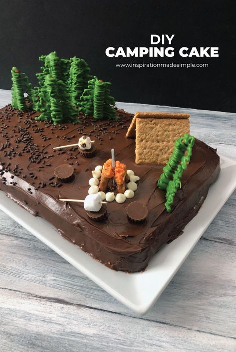 Make a simple DIY Camping Cake for a Camping Birthday Party! Camping Birthday Cake, Boy Scout Cake, Cakes For Teenagers, Camping Cake, Campfire Cake, Camping Cakes, Camping Theme Birthday, Camping Birthday Party, Easy Birthday