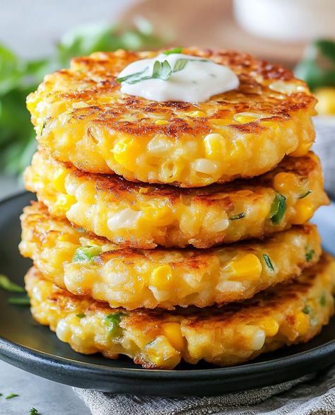 Cheese Fritters Recipe, Cheesy Corn Fritters, Sweetcorn Fritters, Corn Pancakes, Cheesy Corn, Fried Corn, Corn Cakes, Corn Fritters, Favorite Dips