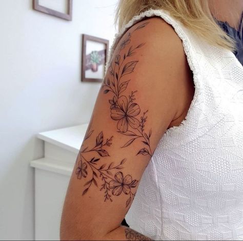 Flowers That Wrap Around Arm Tattoo, Tattoo Sleeve Women Upper Arm, Floral Vine Half Sleeve Tattoo, Floral Tattoo Design Shoulder Sleeve, Floral Shoulder And Arm Tattoo, Women Wrap Around Arm Tattoo, Birth Month Flower Vine Tattoos, Carnation Forearm Tattoo Women, Half Sleeve Upper Arm Tattoos For Women