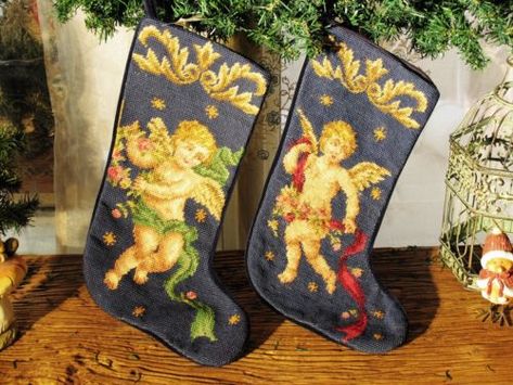 Hand-Crafted-Needlepoint-Christmas-Stocking-Vivid-Cherub-Rose-amp-Swirl Needlepoint Christmas Stocking, Needlepoint Stocking, Angel Design, Needlepoint Stockings, Cherub Angel, Candle Holders Wedding, Needlepoint Christmas, Vintage Needlepoint, Silk Ribbon Embroidery