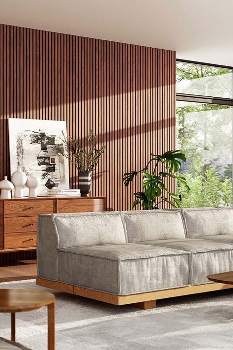 Slate Panel Wall, Wood Slat Feature Wall Living Room, Wood Slate Walls, Vertical Slat Accent Wall, Mid Century Wood Slat Wall, Wood Slat Dining Room, Timber Panelling Wall Interiors, Living Room Wood Slat Wall, Slate Wall Dining Room