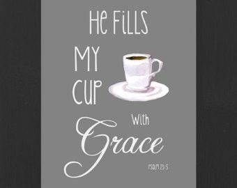 He fills my cup with grace Christian coffee mug Christian Coffee Shop Aesthetic, Christian Coffee Quotes, Coffee And Bible Time, Coffee And Bible, Jesus Coffee Quotes, Morning Encouragement, Coffee With Jesus, Jesus Love Images, Coffee Station Kitchen