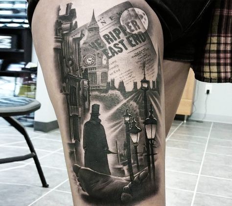 jack the ripper tattoo by jacob sheffield Jack The Ripper Tattoo, Ripper Tattoo, Egypt Tattoo Design, Wolf Tattoos Men, Tarot Tattoo, Egypt Tattoo, Jack The Ripper, Scary Tattoos, London Tattoo