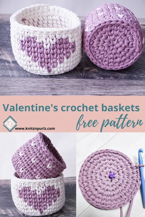 Crochet Heart Basket Pattern, Crochet Pots Free Pattern, Crochet Pot Free Pattern, Crocheted Baskets Free Patterns, Free Crochet Basket Pattern, Valentine Crochet Ideas, Basket Crochet Pattern Free, Valentines Crochet Ideas, T Shirt Yarn Basket