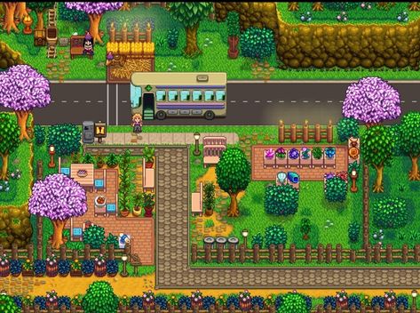 Stardew Valley Fruit Bat Cave, Stardew Valley Bus Stop, Farm Design Layout, Stardew Expanded, Stardew Ideas, Stardew Layout, Bus Stop Design, Stardew Valley Ideas, Stardew Valley Farm