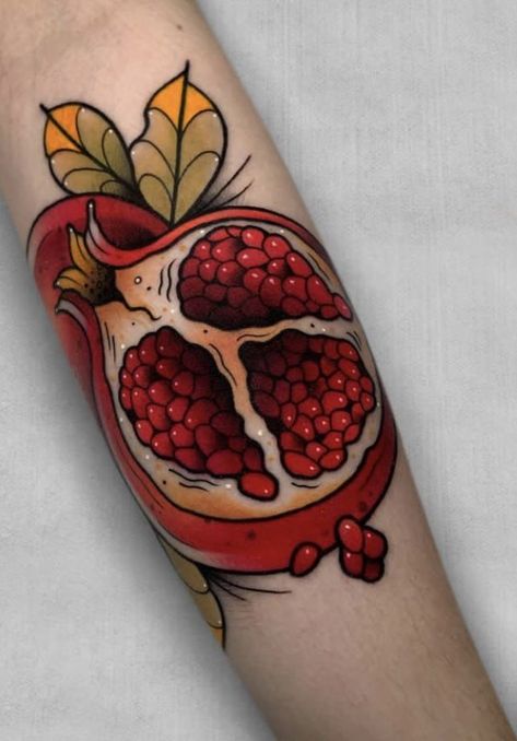 Skull And Pomegranate Tattoo, Pomegranate Heart Tattoo, Traditional Pomegranate Tattoo, Pomegranate Reference, Plum Tattoo, Pomegranate Tattoo, Gap Filler Tattoo, Traditional Hand Tattoo, Food Tattoos