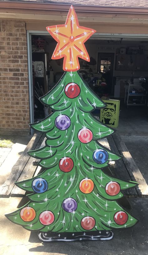 Christmas Tree Wood Cutout Yard Art, Christmas Yard Wood Cutouts, Christmas Tree With Cardboard, Wooden Grinch Tree, Christmas Wooden Yard Decorations, Christmas Plywood Cutouts, Christmas Cutouts Wooden Yard, Yard Wood Cutouts, Whoville Outdoor Decorations