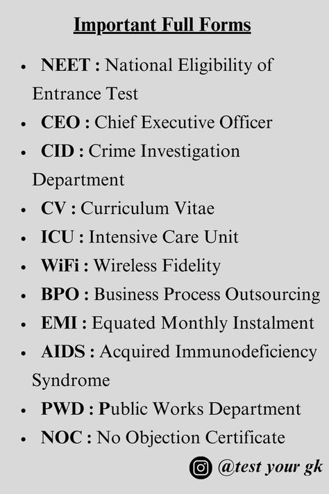 Follow us on Instagram @test your gk In this post we have given the list of Important Full Forms Part-2. Our post is full of amazing gk. If you like to read and improve your gk, then you must FOLLOW our page @test your gk . LIKE . SHARE . COMMENT . #gk #upscgk #upsc #ssc #ssccgl #railway #worldg #facts #gkquiz #gkindia #gkinhindi Slang Words Popular, General Knowledge For Kids, English Word Book, English Transition Words, Biology Facts, Business Process Outsourcing, Gk Questions And Answers, Study Flashcards, Chemistry Lessons