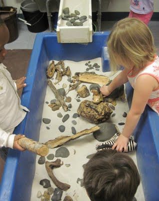 sticks and stones sensory table. This one was so meant for me! I might add fossils to mine :) Sand Tray Ideas Eyfs, Rocks In Water, Natural Playground Ideas, Sensory Tubs, Sand Tray, Playground Ideas, Eyfs Activities, Sensory Activities Toddlers, Sand And Water Table