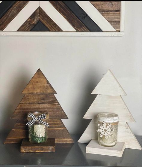 Oh Christmas Tree, Oh Christmas Tree 🎄... These wooden trees make lovely tabletop decor pieces. The jars are not included. You can add your own or turn the tree around and and have the tree displayed without a jar. So many options!  Measures  10.5" tall 9 3/8" wide  Pictured is in Espresso and Whitewash finish. Other finishes are available.  We have other home decor items for sale.  Check out our business page at https://www.facebook.com/vintagefeatherednest/ Wooden Christmas Tree Candle Holder, Wooden Decor Christmas, Rustic Wood Trees, 2x6 Christmas Crafts, Homemade Rustic Christmas Decorations, Diy Wood Decor Projects, Diy Christmas Tree Table Decor, Christmas Wooden Crafts To Sell, Wood Christmas Tree Ideas Diy Projects