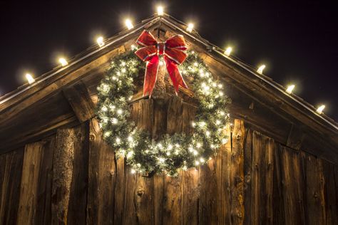 Barn Christmas Decorations, Light Up Pictures, Barn Christmas, Christmas Barn, Wreath Hanging, Barn Parties, Farmhouse Christmas Tree, Colonial Christmas, Holiday Photography