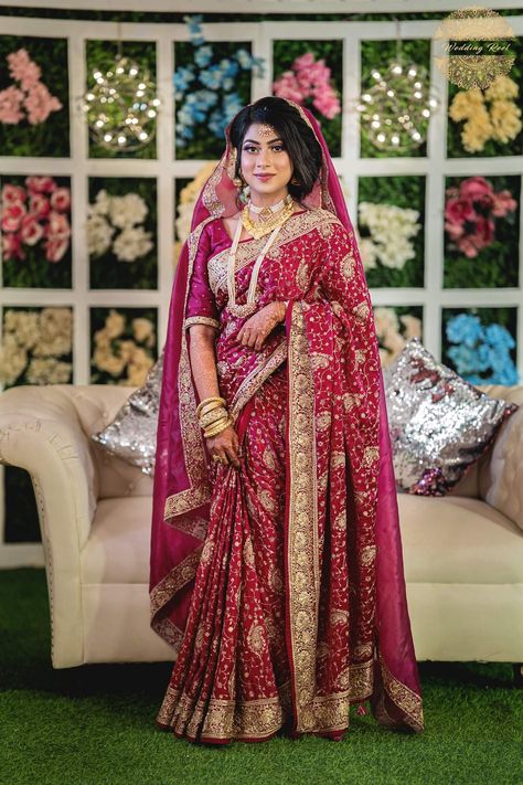 Bridal Red Saree With Dupatta, Red Wedding Dupatta With Traditional Patterns, Bangladeshi Bride Saree Red, Red Floral Bridal Lehenga, Red Bollywood Ceremony Dupatta, Bridal Dupatta, Bengali Bride, Fancy Sarees Party Wear, Bollywood Lehenga