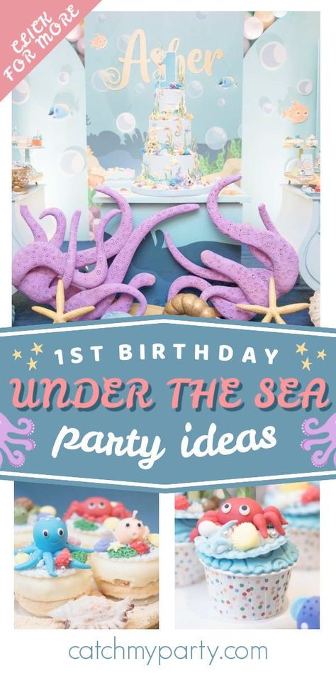 Dive into this gorgeous under the sea 1st birthday party! The cake will blow you away! See more party ideas and share yours at CatchMyParty.com Sea Themed First Birthday Party, First Birthday Water Theme, One Der The Sea First Birthday Girl, Oneder The Sea 1st Birthday Cake, Under The Sea First Birthday Girl, Dive Into 5 Birthday Party, Oneder The Sea Cake, Under The Sea Smash Cake, Dive Into Five Birthday