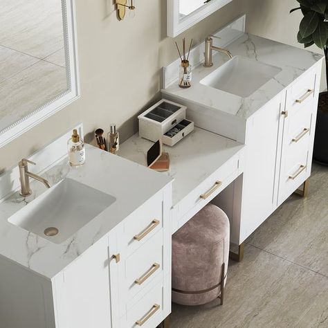 86" White Freestanding Double Sink Bathroom Vanity Set with Makeup Table Marble Top Double Vanity One Sink, Double Sink Bathroom Layout, Bathroom Makeup Vanity With Sink, Bathroom Remodel Vanity Cabinets, Bathrooms With Built In Vanity, His Hers Sinks Bathroom Ideas, Washroom With Makeup Vanity, Double Sink Bathroom Vanity With Seat, Double Sink Ideas Bathroom