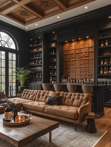 Moody Hangout Room, Gentlemans Room Home, Giant Living Room Ideas, Vintage Music Room Aesthetic, Moody Speakeasy Room, Masculine Tv Room, Masculine Lounge, Bar Lounge Room Ideas, Modern Home Office Ideas