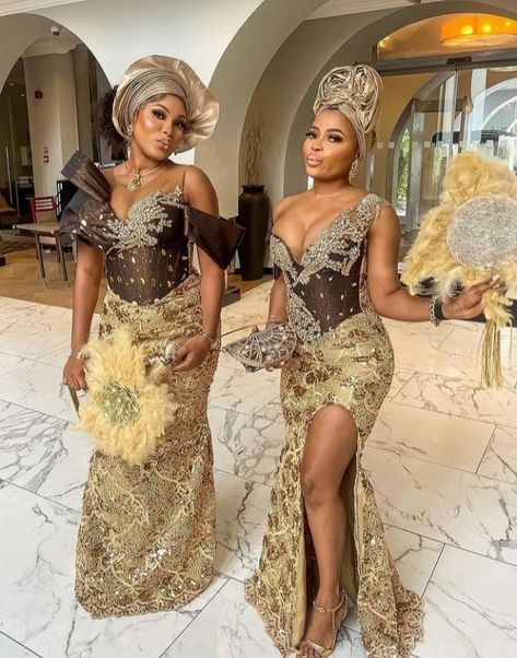 Brown Nigerian Dress, Black And Gold Asoebi Styles, Nigerian Bridesmaid Dresses Traditional, Champagne Gold Lace Asoebi Styles, Naija Dresses, Nigerian Bridesmaid Dresses, Nigerian Traditional Dresses, Nigerian Lace Dress, Nigerian Wedding Dress