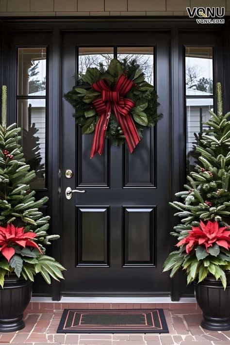 Exterior Christmas Decor Ideas Porch, Double Christmas Wreaths, Double Front Door Wreath Ideas, Double Christmas Trees, Front Door Christmas Trees, Christmas Tree Front Porch Ideas, Christmas Trees Front Porch, Small Christmas Front Porch Ideas, Poinsettia Front Porch Decor