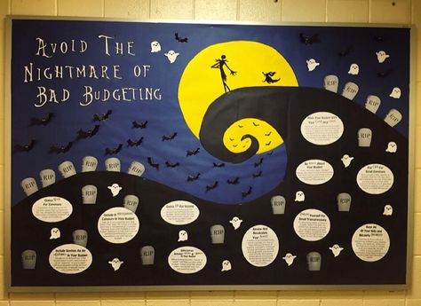 Nightmare before Christmas but incorporated into financing :) Residence Life Bulletin Boards, October Bulletin Boards, Ra Themes, College Bulletin Boards, Bulletin Boards Theme, Christmas Bulletin Boards, Ra Bulletins, Halloween Bulletin Boards, Ra Boards