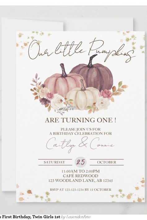 Our Little Pumpkins First Birthday, Twin Girls 1st Invitation October First Birthday, First Birthday Twins, October First, Birthday Twins, Pumpkin First Birthday, Autumn Invitations, Twins Birthday, Twin First Birthday, Girl 1st Birthday