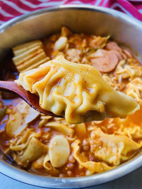 Budae Jjigae (Korean Army Base Stew) - Costco Kitchen Army Base Stew, Korean Glass Noodles, Spicy Stew, Army Base, Fusion Dishes, Onion Salad, Sweet Potato Noodles, Korean Dishes, Savory Chicken