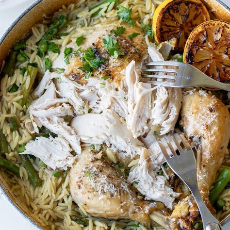 Check out Whole Roasted Chicken in a Pot with Lemon Orzo recipe and more from Sur La Table! Chicken With Lemon Orzo, Chicken In A Pot, Chicken With Orzo, Chicken Main Course, Orzo Recipe, Chicken With Lemon, Lemon Orzo, Orzo Recipes, Chicken Orzo