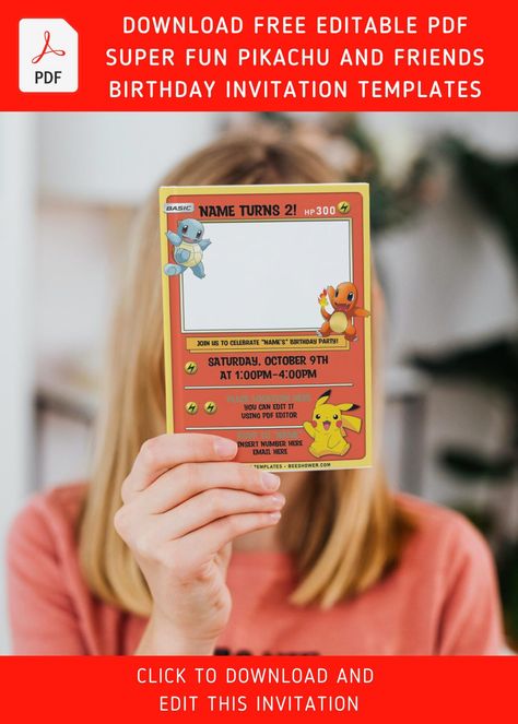 (Free Editable PDF) Lovely Pokémon Card Themed Birthday Invitation Templates | Beeshower Pokemon Card Birthday Invitations, Good Party Themes, Pokemon Birthday Invites, Edge Of Cliff, Pokemon Party Invitations, Pokemon Birthday Card, Pokemon Card Template, Pokemon Invitations, 7th Birthday Party Ideas