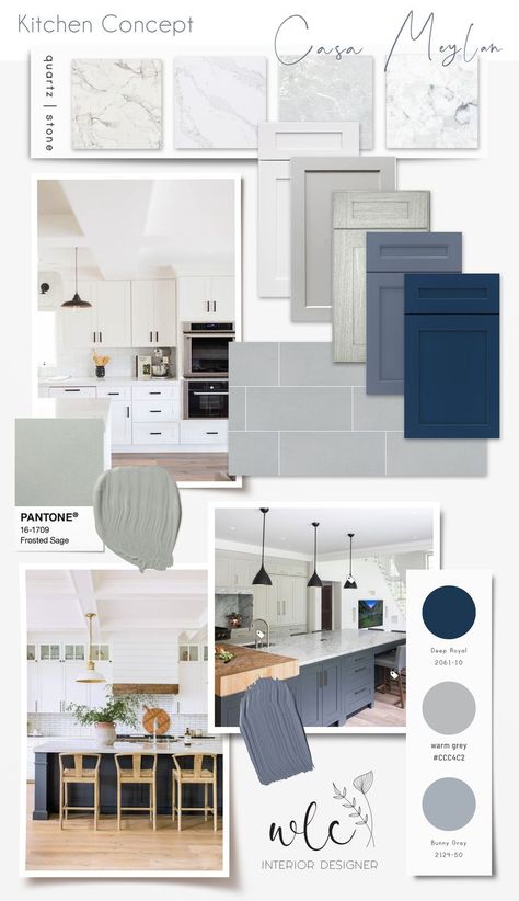 Blue Kitchen Mood Board, Wood Tone Kitchen, Grey Kitchen Colors, Blue Kitchen Designs, Grey Blue Kitchen, Blue White Kitchens, Modern Kitchen Renovation, Kitchen Mood Board, Interior Design Bedroom Small