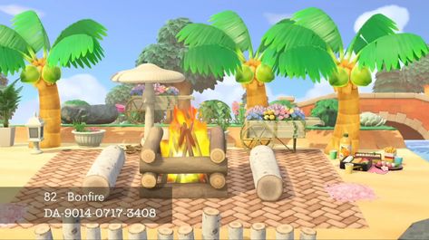 Acnh Campsite Designs Beach, Acnh Campsite Inspiration Beach, Acnh Beach Bonfire, Acnh Secret Beach, Springcore Beach Acnh, Beach Bonfire, Animal Crossing