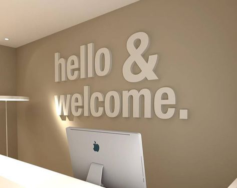 Gray Interior Doors, Office Wall Design, Medical Office, Hello Welcome, Dental Office, Office Walls, Office Inspiration, Wall Graphics, Office Organization