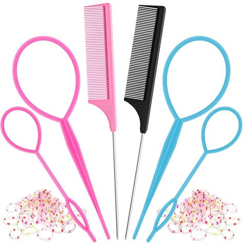 Set of 6pcs hair loop styling tool includes 4pcs Hair Braid Accessories Ponytail Maker (blue,rose), and 2pcs Made Steel Pin Rat Tail Carbon Fiber combs (blue, black). An additional 100 high stretch Colored elastic Rubber Hair Ties. Hair tail tools are made of flexible environmental protection plastic, tough and durable, easy to rebound. The Rat Tail Comb Metal Pin Tail Braiding Comb is made of carbon fiber material, which is resistant to static electricity and high temperature. Hair Loop Tool, French Braid Tool, Hair Accessories Braids, Basic Hairstyles, Hair Tool Set, Hair Loop, Braid Tool, Braid Accessories, Rat Tail Comb