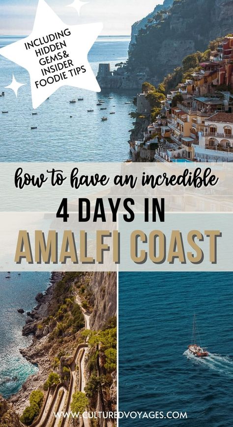 Looking for the ultimate Amalfi Coast itinerary for 4 days? In this Amalfi Coast guide from Cultured Voyages, discover why you don’t need to undertake an Amalfi Coast road trip (hint: travelling by water is better!), combine Amalfi Coast bucket list destinations with some lesser known gems and uncover the magic of this incredible destination. Get ready for an unforgettable trip with this Amalfi Coast Italy itinerary for 4 days! Costa Amalfi, Almafi Coast Italy, Italy Trip Itinerary, Amalfi Coast Guide, Amalfi Coast Travel Guide, Amalfi Coast Towns, Sea Scenery, Amalfi Coast Itinerary, Italy Trip Planning