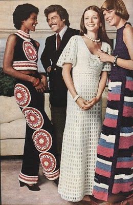 Crocheted fashions: Medallion pant set pattern from McCall's Needlework & Crafts, spring/summer 1973. Crochet Long Dresses, Knit Skirts, Vintage Crochet Dresses, Crafts Spring, Crocheting Patterns, Fashion 1970s, Vintage Crochet Patterns, Crochet Pants, Vintage Knitwear