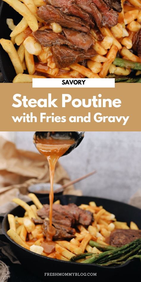 Steak Fries And Gravy, French Fries With Gravy, Poutine Recipes Ideas, Steak And French Fries, Steak Poutine, Poutine Gravy Recipe, Steak Frites Recipe, Fries And Gravy, Dinner Ides