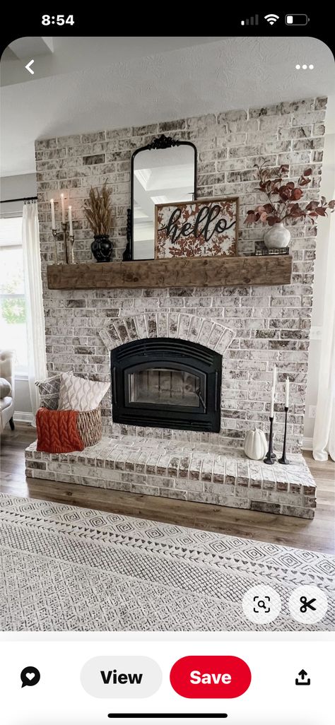 Full Length Wall Fireplace, Farmhouse Niche Decor Ideas, Fireplace Makeover Before And After Brick, Large Brick Fireplace Decor, Gas Fireplace Modern Farmhouse, Whitewash Brick Fireplace Decor, Woodburning Fireplace Ideas, Dining Room With A Fireplace, Natural Stone Bathroom Tiles