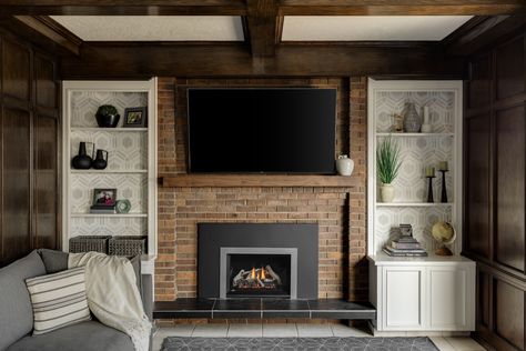 Brick fireplace surround with open shelving. Wood Beams On Ceiling, Cedar Shelves, Rustic Wood Beams, Fireplace White, Large Fireplace, Downtown Calgary, Inviting Living Room, Home Refresh, White Wash Brick