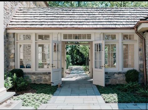 Country Alfresco, Enclosed Breezeway To Garage, Breezeway Mudroom, Enclosed Breezeway, Harkaway Homes, Exercise Room, Porte Cochere, Side Yard, Stone House