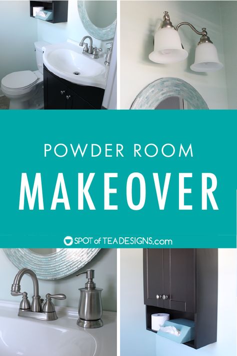 Even in small spaces there are a lot of design decisions to make. Thankfully this powder room makeover by Tara of Spot of Tea Designs has some modern decor ideas and tons of inspiration for creating a relaxing and soothing bathroom style. | @spotofteadesign Budget Powder Room, Diy Shelves Bathroom, Powder Room Remodel, Diy Porch Decor, Diy Window Treatments, Powder Room Makeover, Diy Home Accessories, Diy Budget, Diy Porch