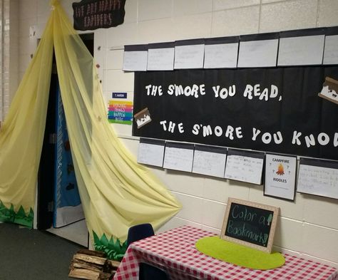 Tent Classroom Door, Camping Themed Literacy Night, Tent Classroom, Reading Under The Stars, Literacy Night Themes, Camping Inside, Canvas Tent Camping, Woodland Classroom, Family Literacy Night