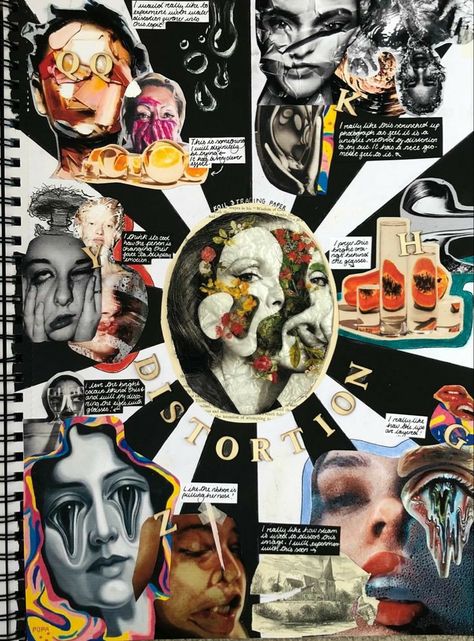 Distortion Mind Map Art, Collage Mind Map, Moodboard A Level Art, Gcse Art Sketchbook Collage, Alevel Art Moodboard, A Level Art Collage, Gcse Art And Design, Gcse Art Sketchbook Year 10, Ordinary Extraordinary Art Gcse